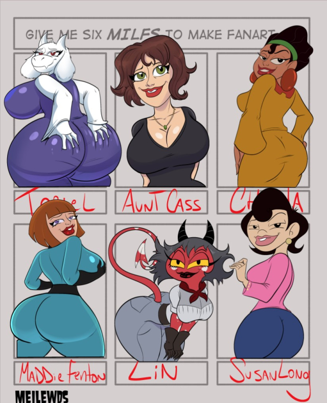 cass hamada,chicha (disney),lin (helluva boss),madeline fenton,susan long,toriel